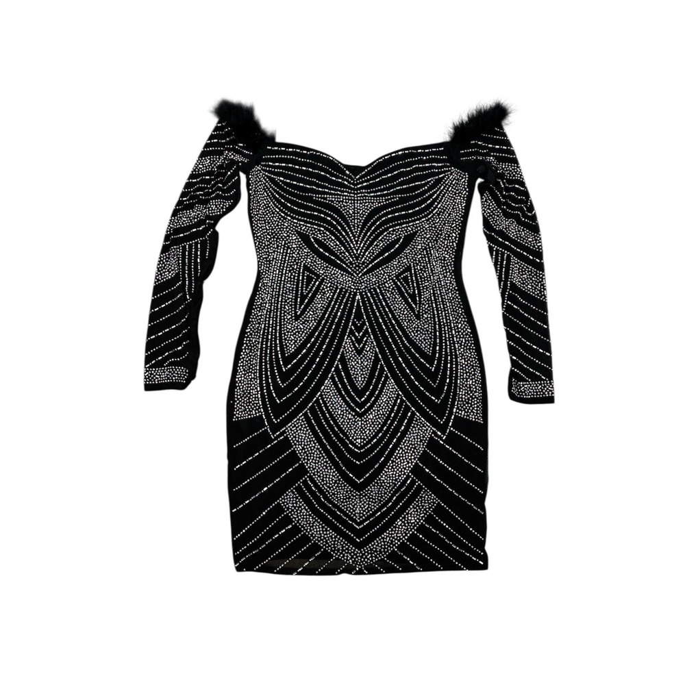 Women's Mesh Bodycon Mini Dress Black Beaded Sz XL Party Evening Wear Clubbing